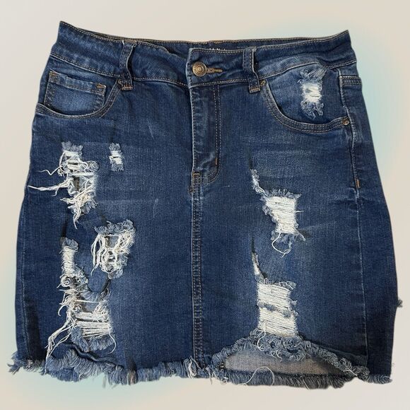 Wax Jeans Womens Denim Frayed Hem Destruction Distressed Blue Medium Short Skirt - Picture 1 of 9